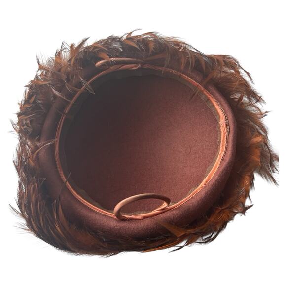 Vintage 1940s Feather Tilt Hat Brown Pheasant Rooster Hollywood Glam Millinery - Picture 8 of 8